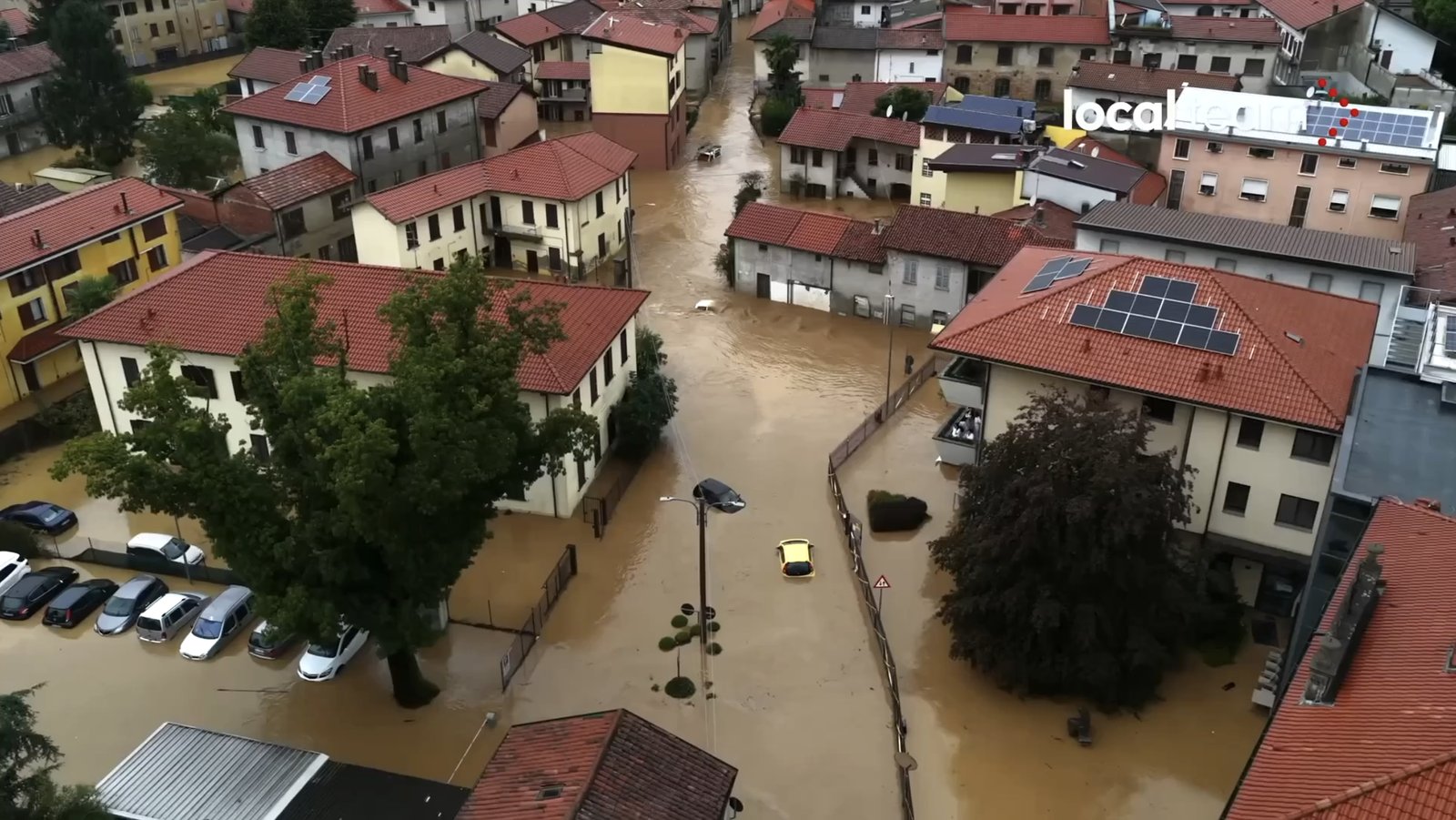River flood inundating an urban area
