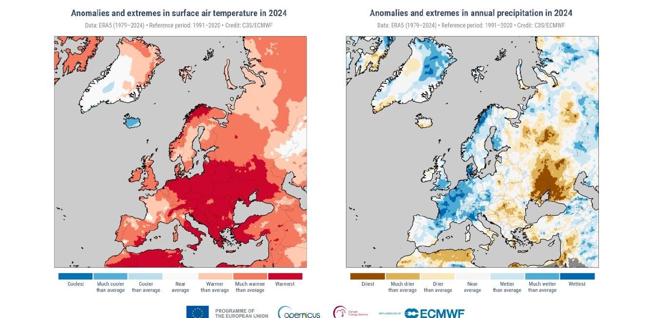 Surface air temperature and precipitation anomalies in Europe 2024
